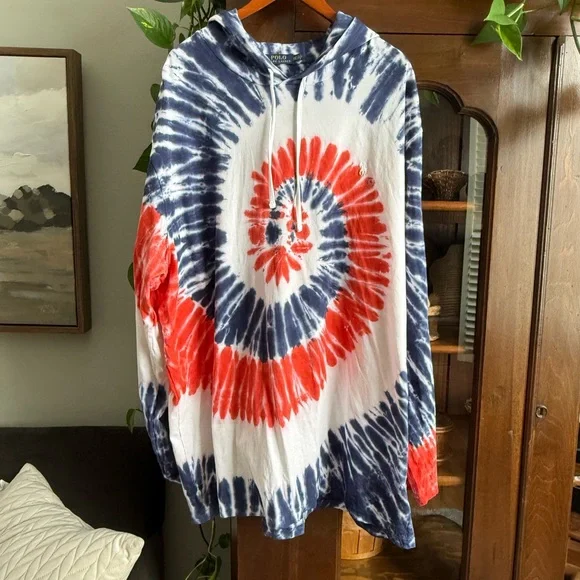 NWOT Polo Ralph Lauren Tie Dye Hoodie Shirt Men 3XLT Red Blue Pony Logo USA - Picture 6 of 8